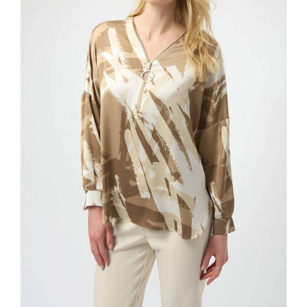 NEW JOSEPH RIBKOFF abstract zip v-neck satin top in beige/off-white